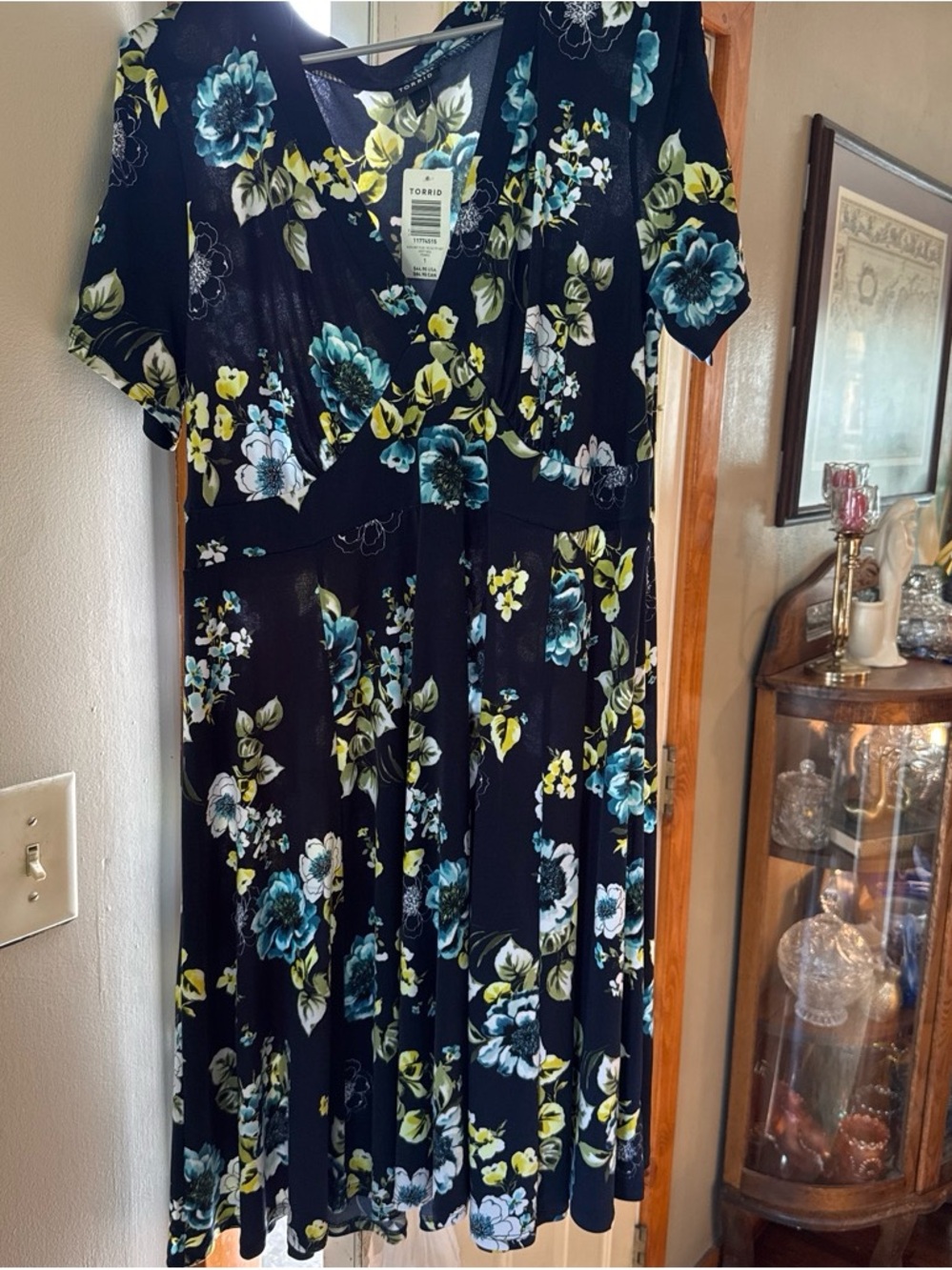 torrid Black Floral V-Neck Midi Dress with Teal and Yellow Blooms